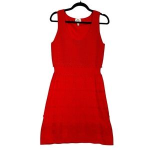 Milly of New York Orange Red Ribbed Knit Fit and Flare Dress Pom Pom Hem Size M